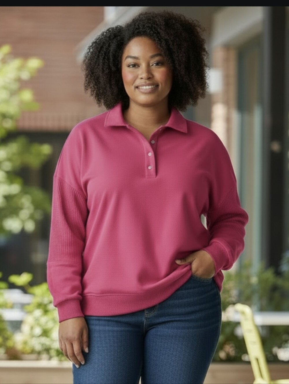 Terra And Sky Pink Snap-Front Henley Top- Plus Size